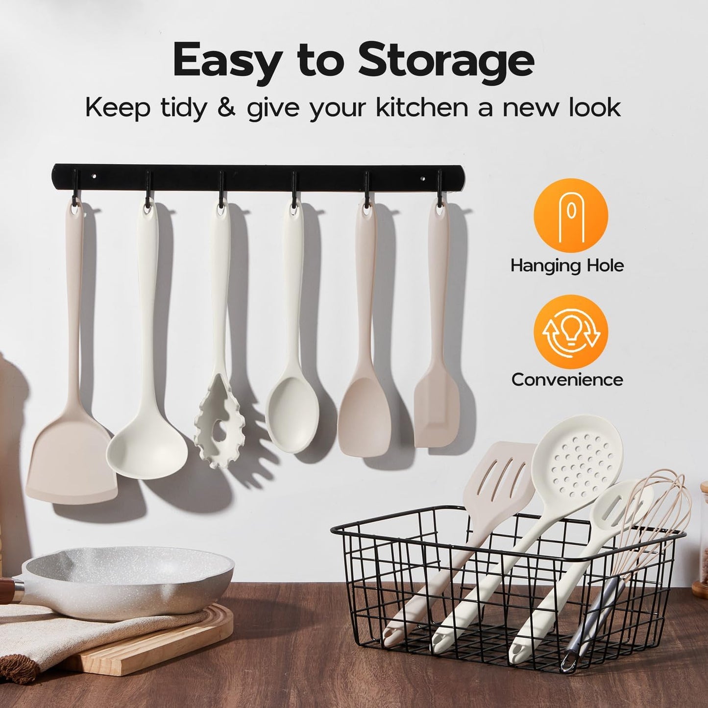 Onader Kitchen Cooking Utensils Set, 10 Pcs Silicone Non Toxic Cooking Utensils Set, Heat Resistant & Nonstick Cookware Friendly - 2 Mixed Color (Khaki & White)