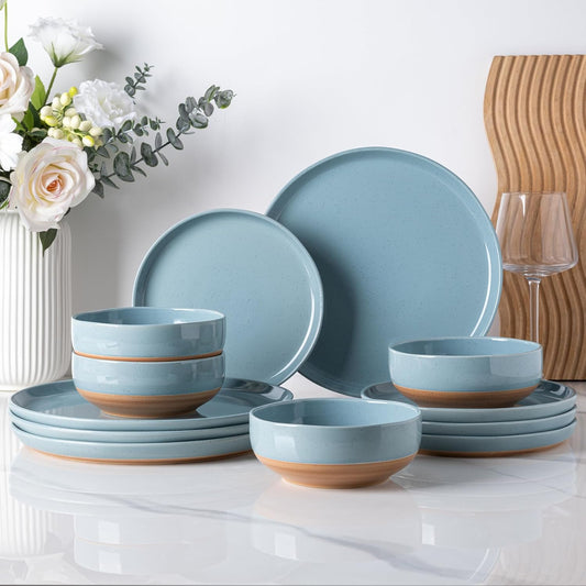 AmorArc Ceramic Dinnerware Sets for 4, 12 Pieces Handpainted Plates and Bowls Set with Rustic Terracotta Underside, Scratch Resistant Stoneware Dishes Set, Dishwasher & Microwave Safe, Stone Blue