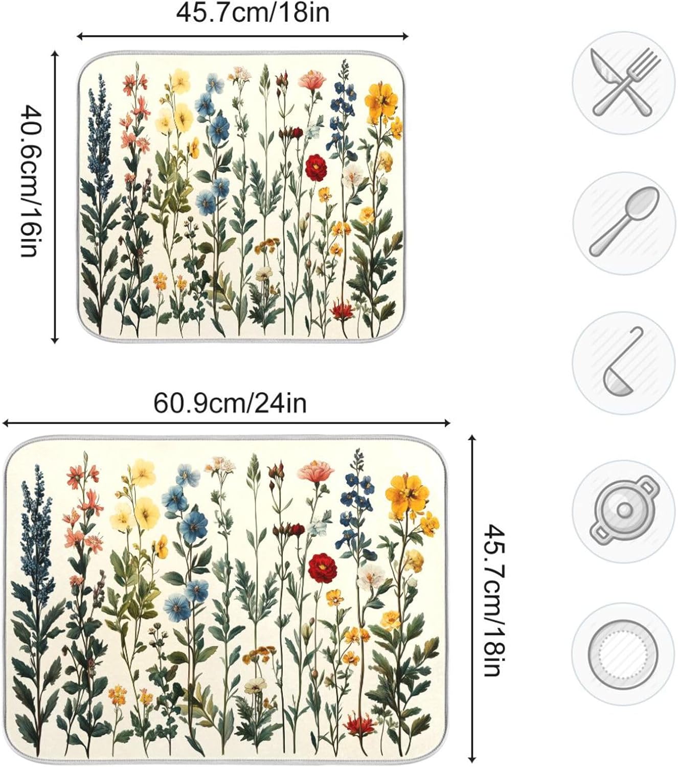 Vintage Plants and Colorful Flowers Dish Drying Mat for Kitchen Counter Super Absorbent Dishes Pad Reversible Microfiber Protector Dish Draining Mats 18x24 inch