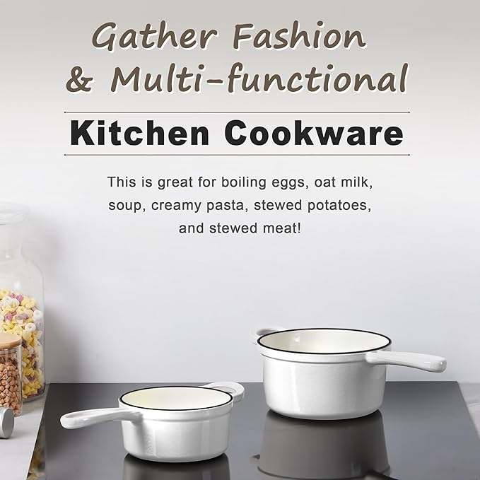 1 Qt & 2 Qt Sauce Pan Sets, Leonyo Enameled Cast Iron Sauce Pan with Lid, Small Saucepan Cast Iron Dutch Oven Kitchen Cookware for All Cooktops Cooking Pasta, Milk, Oatmeal - Up to 500°F, White