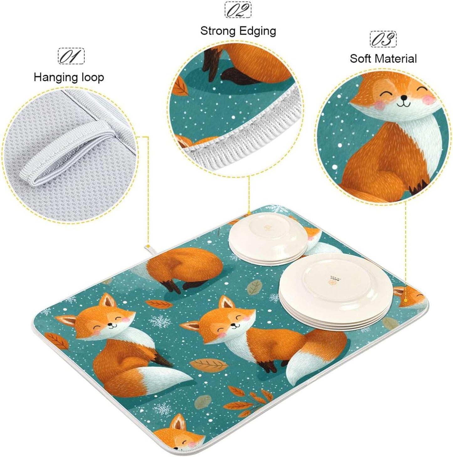 Cute Foxes Snow Pattern Dish Drying Mat for Kitchen Counter Super Absorbent Dishes Pad Reversible Microfiber Protector Dish Draining Mats 18x24 inch