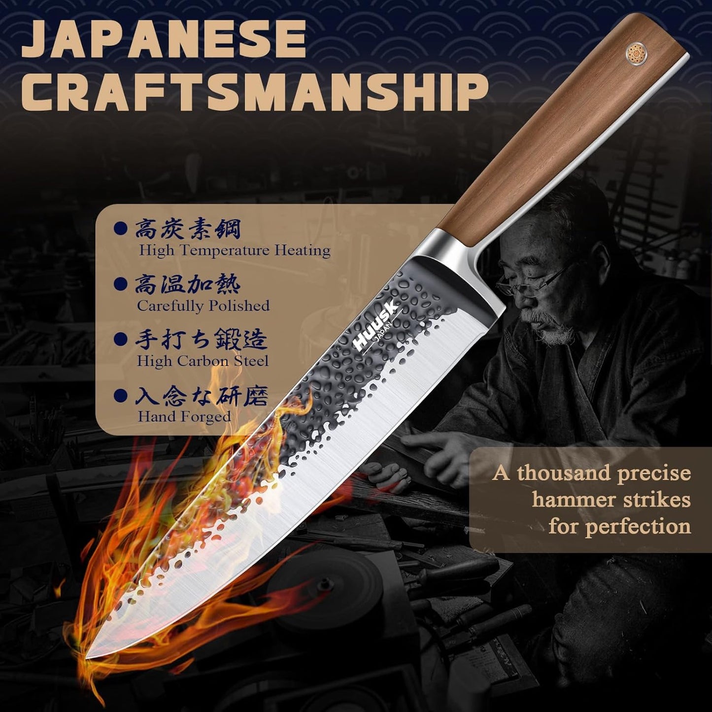 Huusk Japanese Chef Knife 8 Inch Gyuto Kitchen Knife Hand Forged Sushi Knives with Ergonomic Handle Professional Cooking Knife for Cuttting Meat Vegetables Premium Giftbox