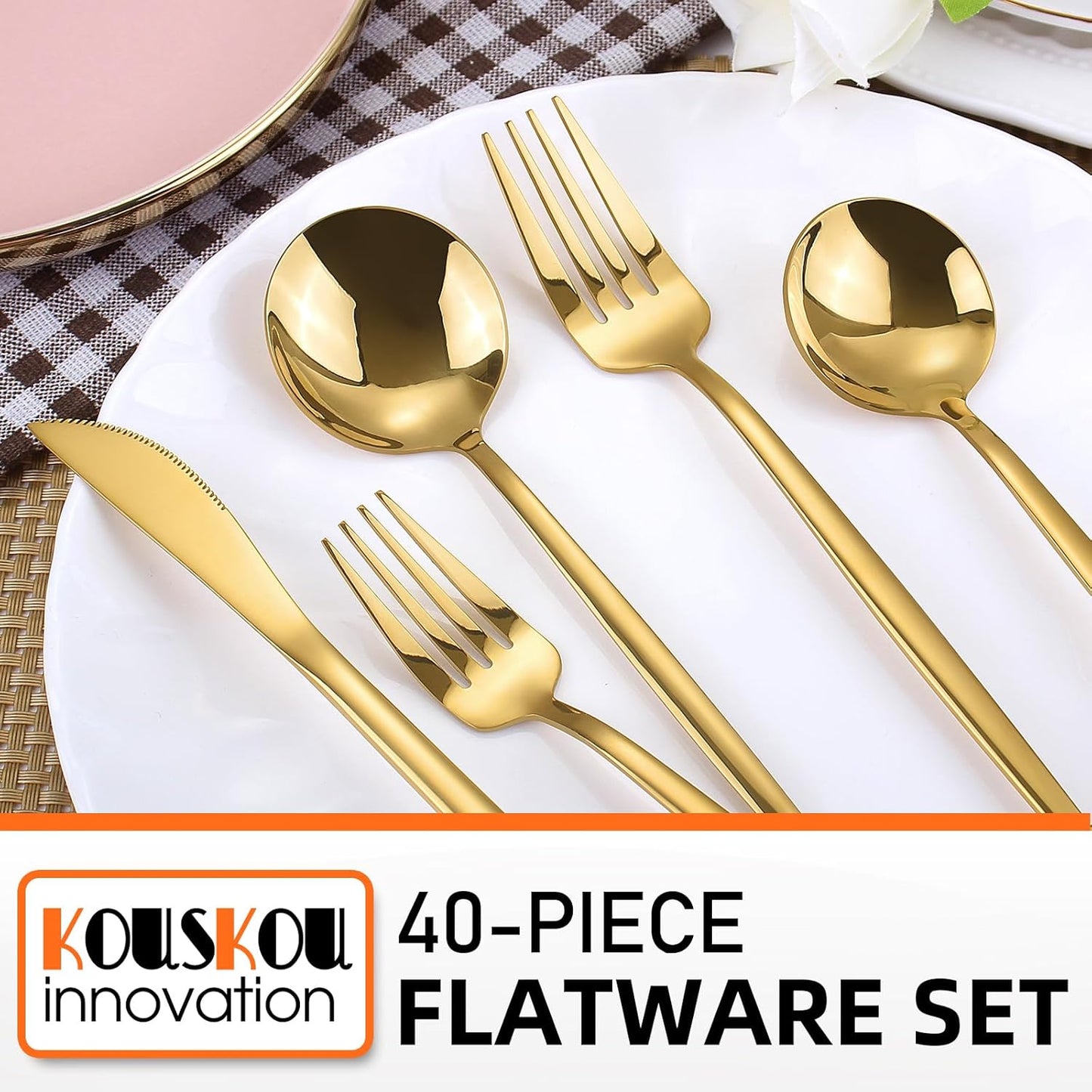 Mirror Gold Silverware Set, 40-Piece Flatware Cutlery Sets Service for 8, Mirror Polished Tableware Set, Utensils for Kitchens, Home and Restaurant, Dishwasher Safe