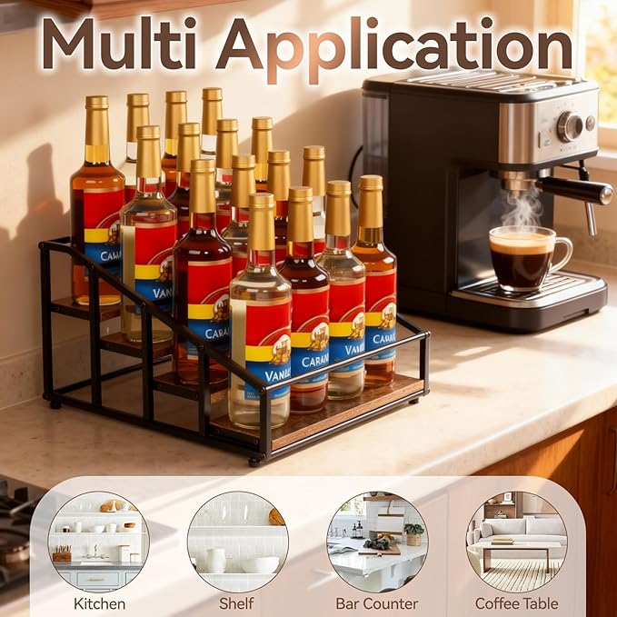 Coffee Syrup Organizer Rack, Liquor Bottle Display Shelf, 4 Tier 16 Syrup Bottles Holder Stand for Coffee Bar Kitchen Small Wine Rack for Family Storage for Syrup Wine Dressing