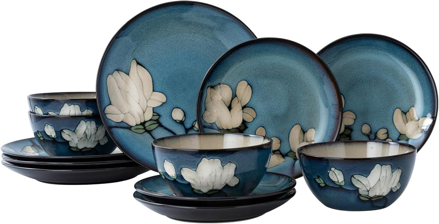 Dinnerware Set Blue Stoneware 12 Pieces Service for 4, Stoneware Plates and Bowls Set Highly Chip and Crack Resistant Stoneware Set, Dishwasher Microwave Safe Dishes set