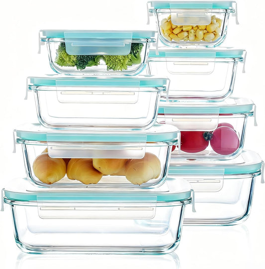 8-piece glass food storage container, glass pre meal preparation container, with sealing cover, suitable for use in microwave ovens, ovens, refrigerators, and dishwashers
