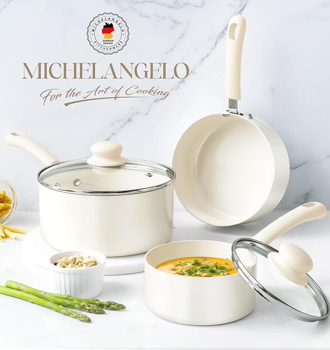 MICHELANGELO Nonstick Sauce Pan Sets, Ceramic Saucepan with Lid, Multipurpose Pot with Lid, Non-Toxic Saucepans, Induction Compatible, 2QT, White