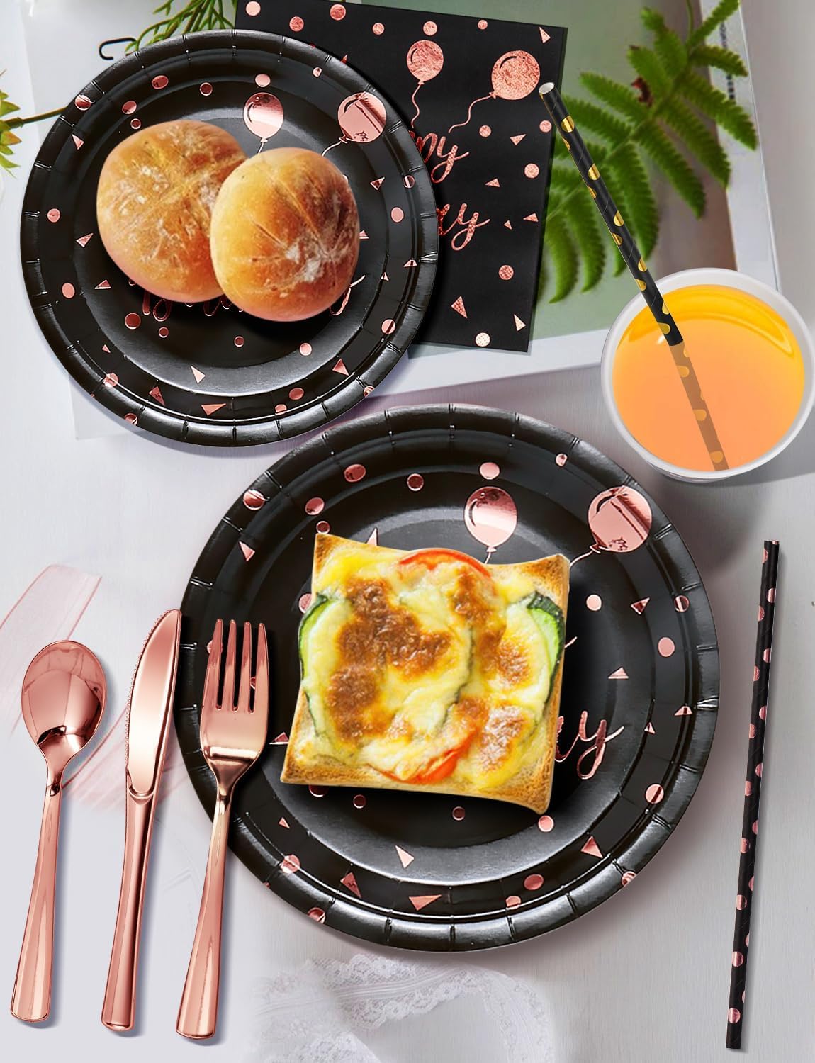 Birthday Party Tableware, 161 Pieces Black and Rosegold Party Supplies, Party Dinnerware Sets Include Paper Plates Napkins Cups Silverware, for Shower Engagement Parties Decoration -20 Serves