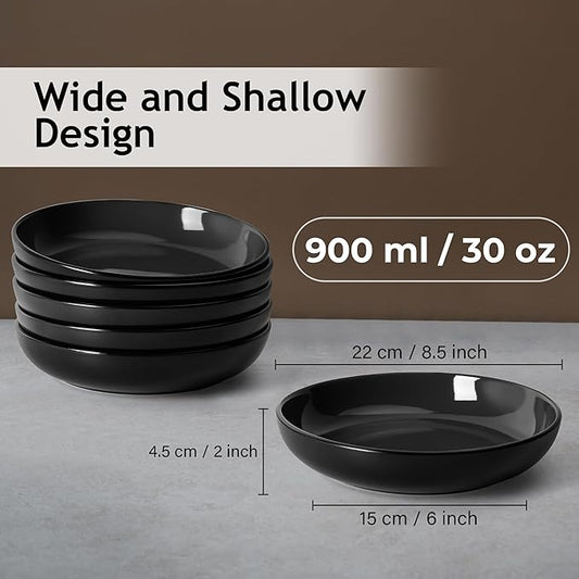 MIAMIO – 30 Oz Set of 6 Pasta Bowls/Salad Bowls, Pasta Plates Wide and Shallow Bowl, Large Ceramic Stoneware Deep Plate Serving Soup, Microwave and Dishwasher Safe - Le Papillon Collection (Black)