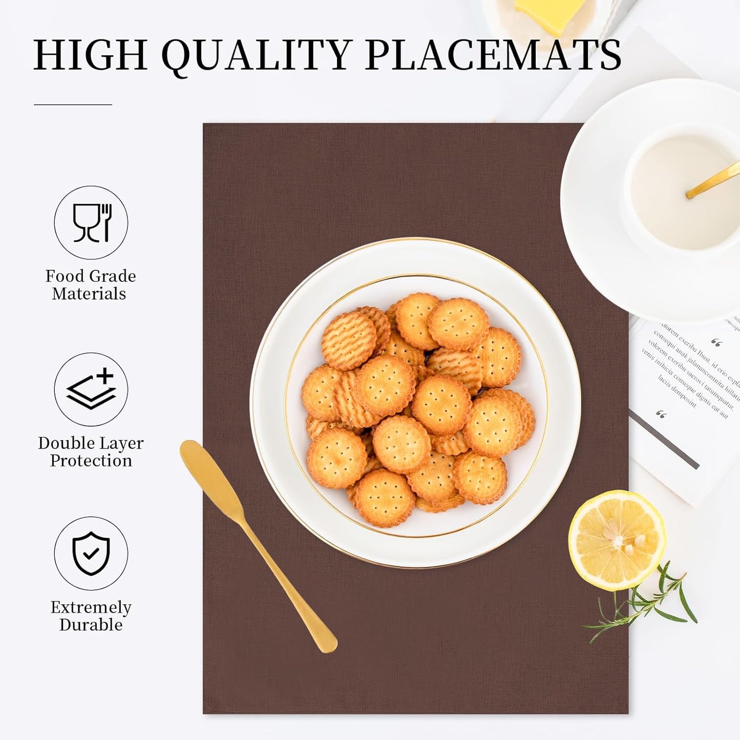 Placemats Set of 6 Linen Type Fabric Cloth Placemats, 19 x 13 Inch Double Layered Thick Wrinkle Free Heat Resistant Table Place, for Dining, Kitchen, Party (Dark Brown, 48 * 33cm)