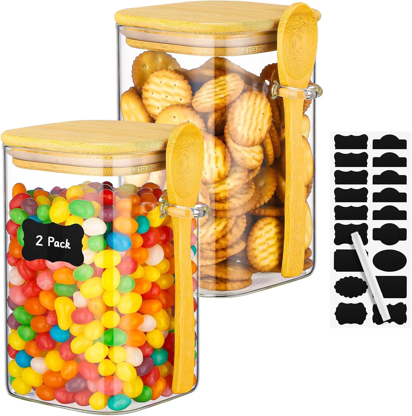 Glass Jars with Bamboo Lids and Spoons - 2 Pack 37 Fl.oz Square Glass Flour Sugar Containers Set, Includes Labels and Marker, Large Kitchen Canisters with Airtight Lid for Cereal, Rice, Bean