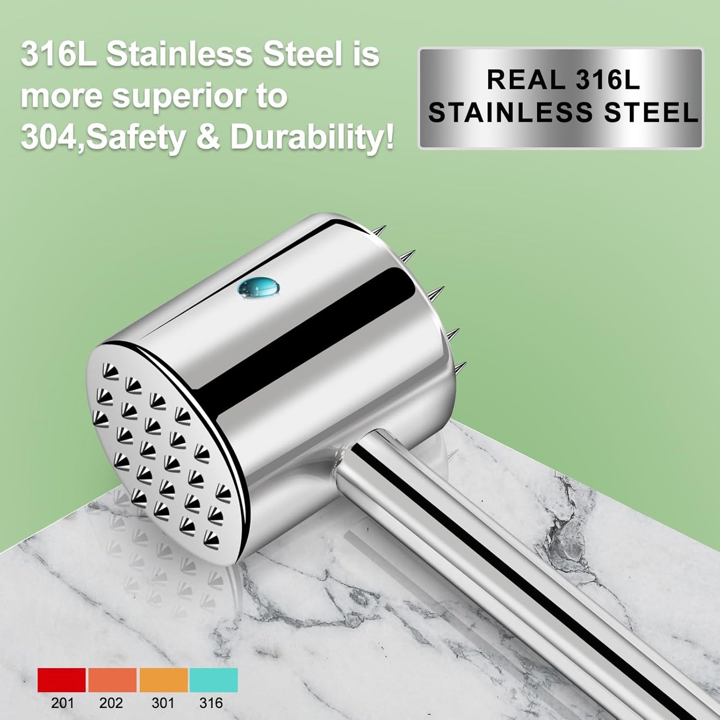 Real 316L Stainless Steel Meat Mallet Tenderizer Tool,Professional 2-in-1 Meat Hammer,Dual-Sided with Spikes & Studs,Commercial Grade Kitchen Solid Mallet Pounder, Heavy Duty 1.09LB,Dishwasher Safe
