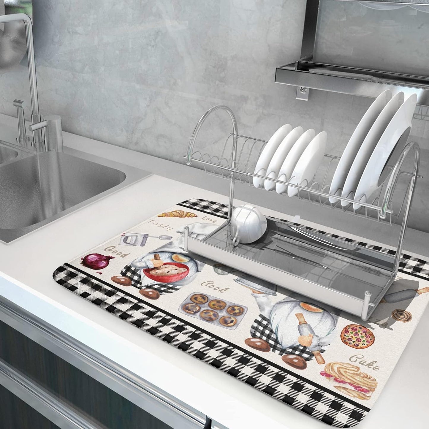 Chef Gnome Dish Drying Mats for Kitchen Counter 18x24 inch, Buffalo Plaid Cooking Utensils Absorbent Dishes Drainer Mat, Reversible Microfiber Quick Dry Rack Pad with Hanging Loop