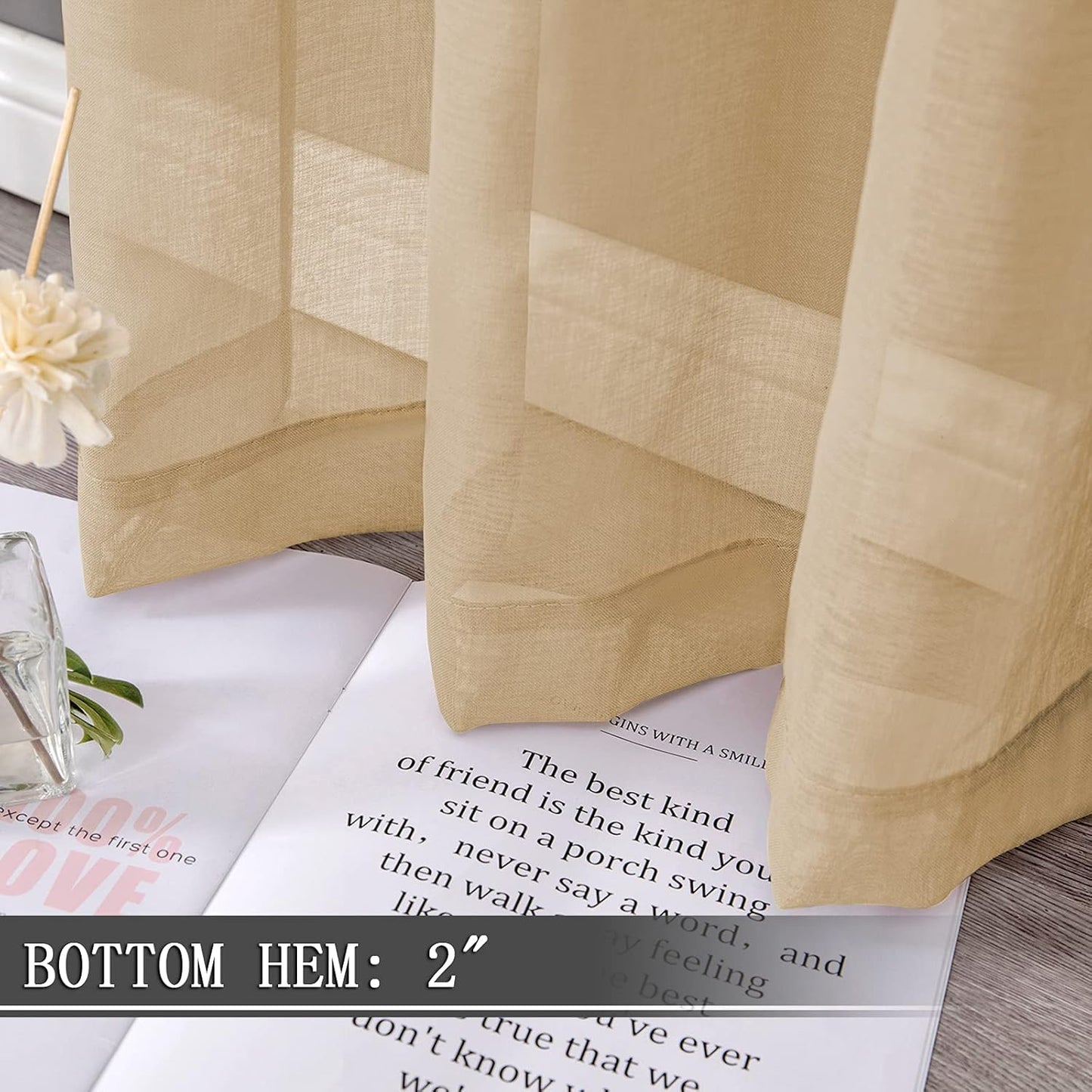 Tollpiz Short Sheer Curtain Linen Textured Living Room Curtains Sheer Light Filtering Rod Pocket Voile Curtain for Bedroom, 42 x 54 inches Long, Beige, Set of 2 Panels