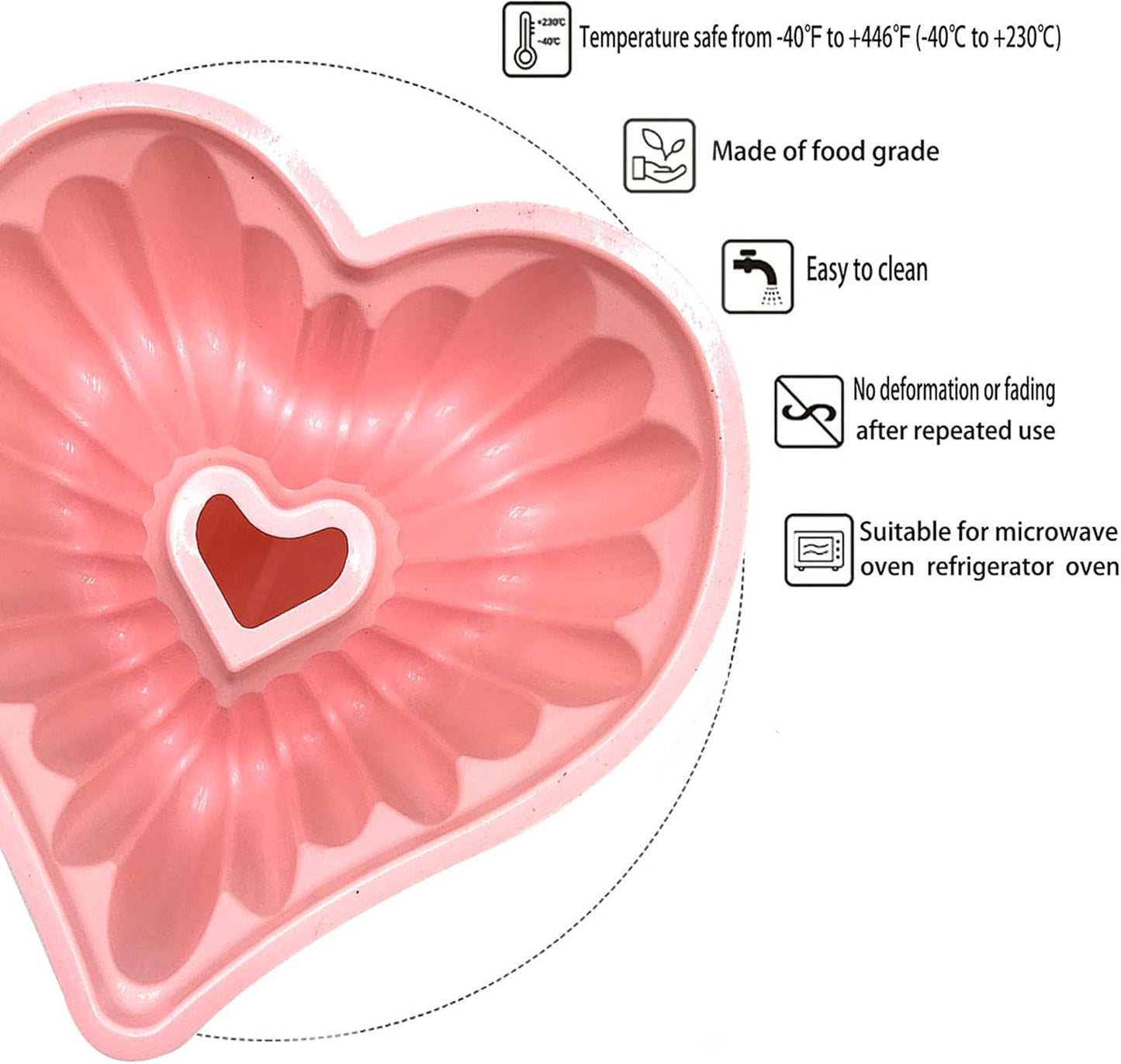 Kundalini Heart Shaped Cake Pan, 2PCS 9 Inch Heart Fluted Tube Cake Pans, Nonstick Silicone Cake Molds for Making Wedding, Valentine's Day and Family Cakes