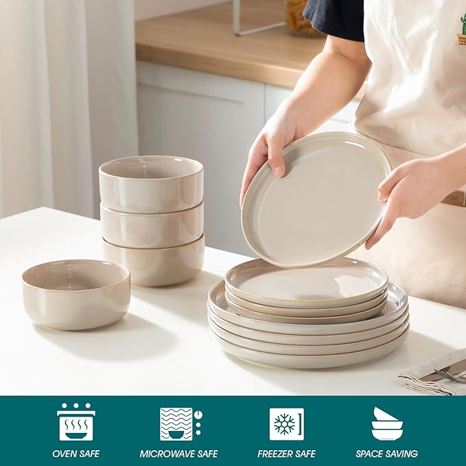 vancasso PLAYA Plates and Bowls Sets,12 Pieces Grey Dinnerware Sets for Kitchen,Reactive Glaze Dishes Set for 4,Dishwasher and Microwave Safe