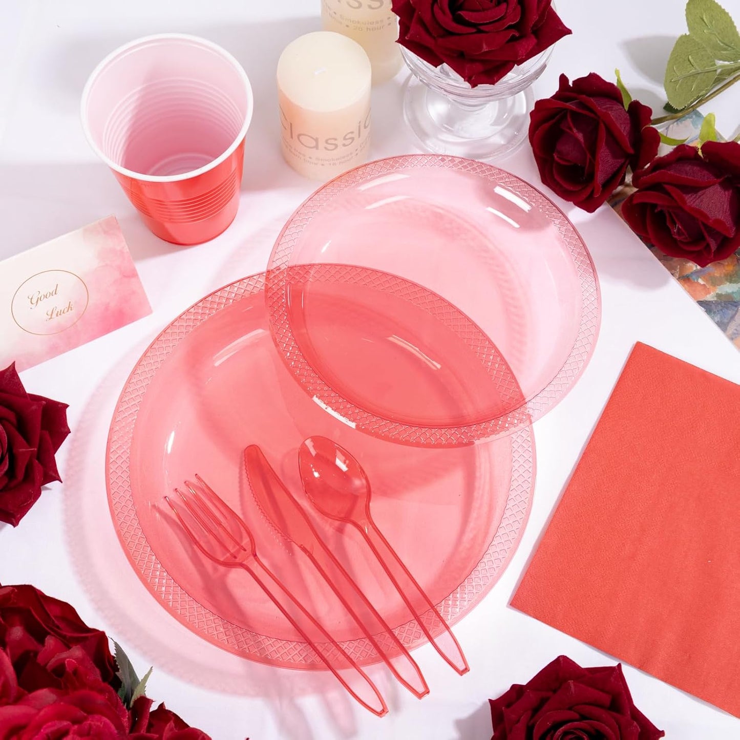 WELLIFE 210Pcs Red Plastic Plates,Clear Red Plastic Dinnerware Set,Party Supplies Including Clear Plates, 12OZ Cups, Disposable Cutlery and Paper Napkins Serve 30 Guests, Disposable Plates for Party