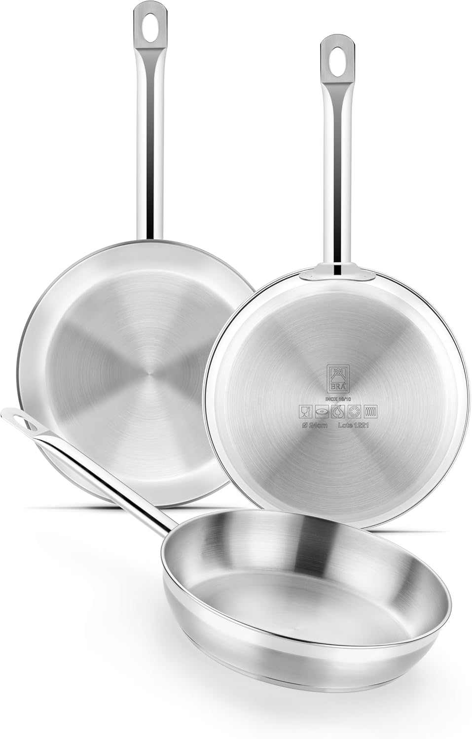 BRA COOKWARE Profesional 3 Frying Pan Set | 8 + 9.5 + 10.2 inches Professional Skillet | Stainless Steel Pan w/o Non-Stick | All Stovetop Compatible Skillet | 100% FOA Free | Brushed Finish
