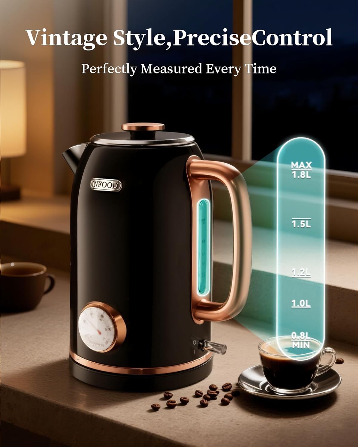 Retro Electric Kettle, 1.8L/60.8oz Hot Water Kettle Electric with Thermometer, 1200W Fast Heating Stainless Steel Tea Kettle for Boiling Water, Cordless, LED Indicator, Auto Shut-Off, Black