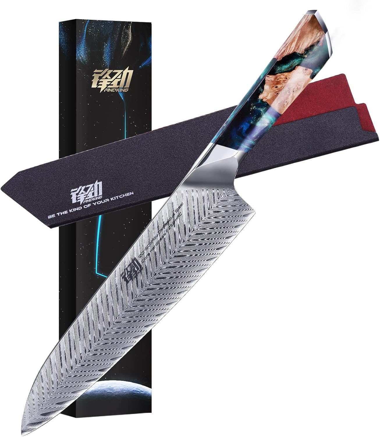 FINDKING Nebula Series Chef Knife with ABS Sheath, Multipurpose Japanese Gyuto Knife, 10Cr15CoMov Damascus Steel Blade, Resin and Figured Sycamore wood Handle, Full Tang, 8 Inch, Blue, for Meat