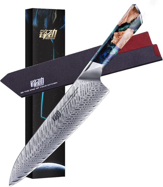 FINDKING Nebula Series Chef Knife with ABS Sheath, Multipurpose Japanese Gyuto Knife, 10Cr15CoMov Damascus Steel Blade, Resin and Figured Sycamore wood Handle, Full Tang, 8 Inch, Blue, for Meat