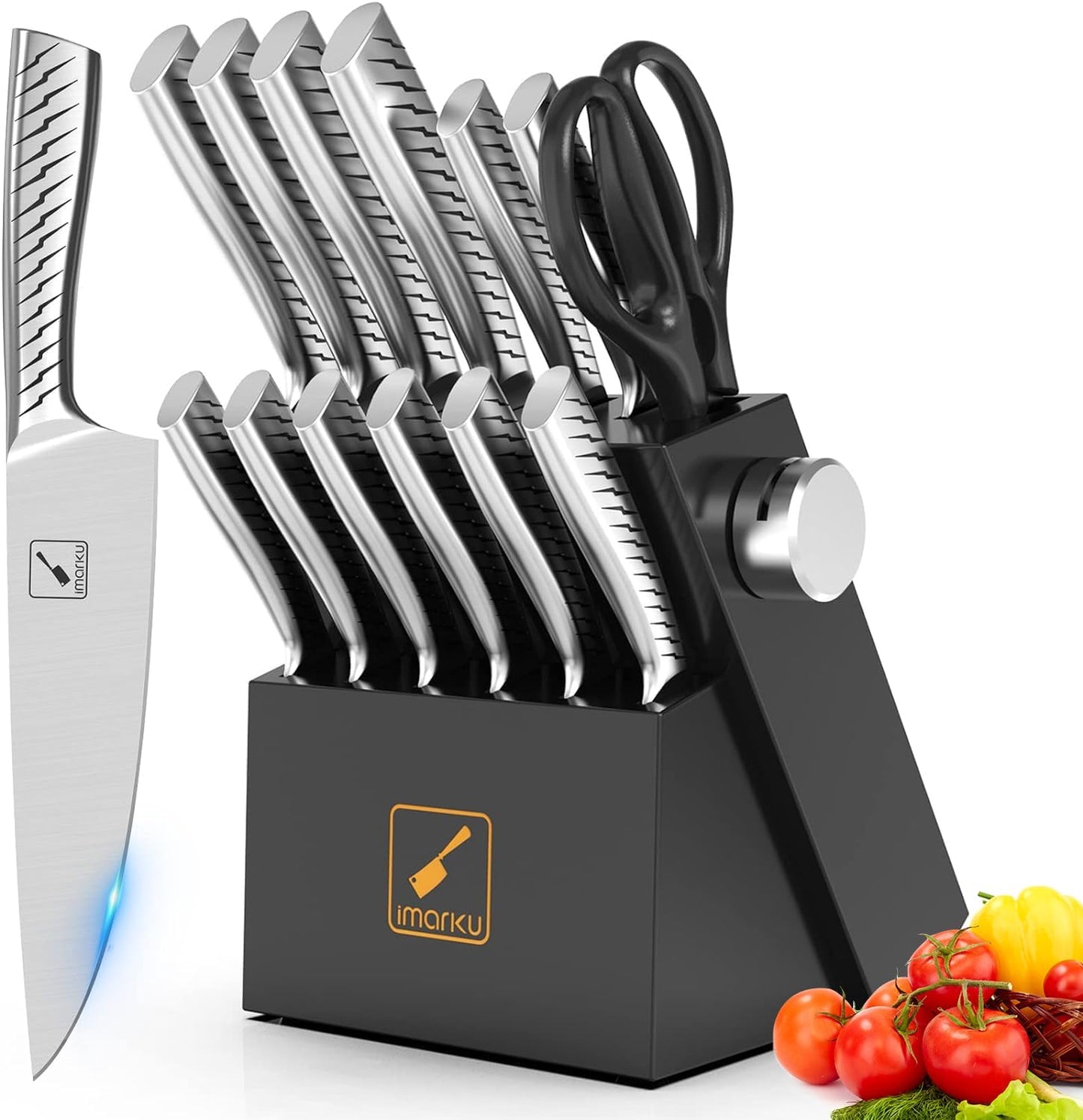 imarku® Knife Set,14-Piece Knife Sets for kitchen with block,Premium One-Piece Kitchen Knife Set with Sharpener,High Carbon Stainless Steel Knives Set for Kitchen,Dishwasher Safe,Black