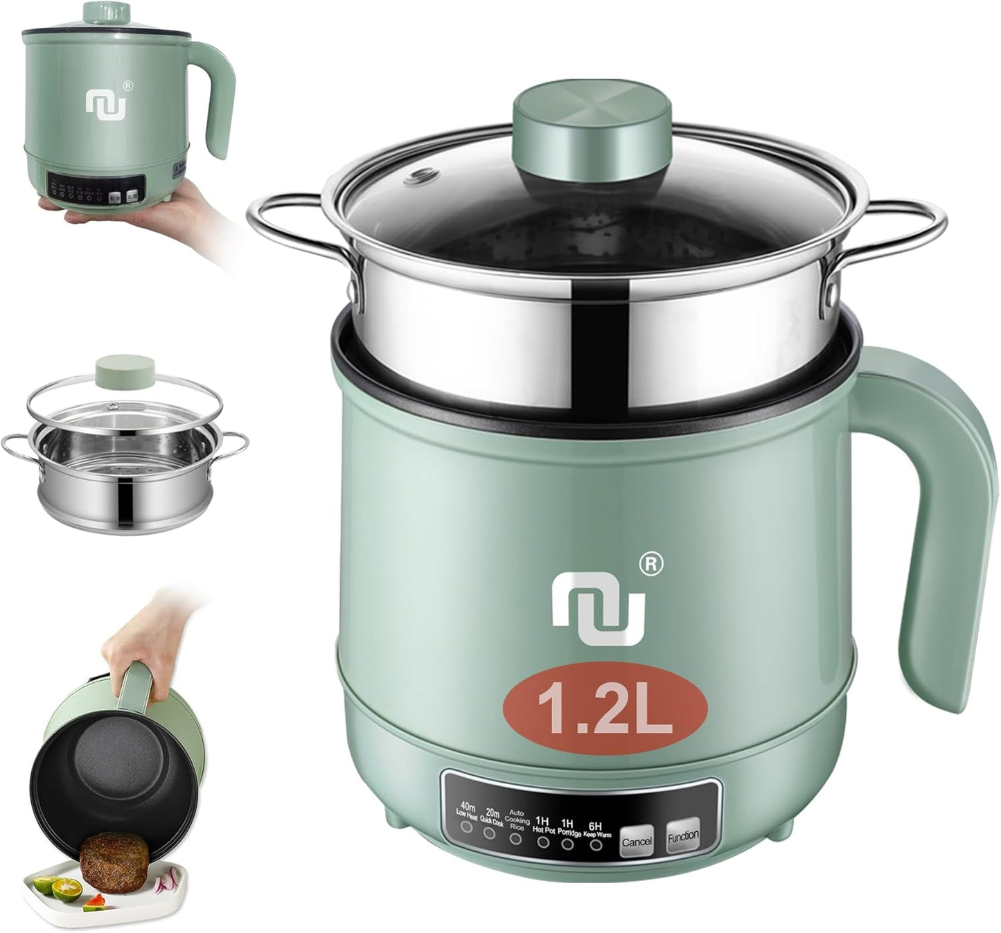 Smart Mini Hot Pot with Timer and Automatic Shut Off 1.2L Non-Stick Rapid Noodle Cooker w Stainless Steel Steamer Basket 600W Quick Cook 5 Cooking Modes for Soup, Rice (1cup) , Porridge, Pasta Great for 1-2 Persons (Green)