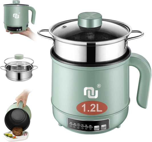 Smart Mini Hot Pot with Timer and Automatic Shut Off 1.2L Non-Stick Rapid Noodle Cooker w Stainless Steel Steamer Basket 600W Quick Cook 5 Cooking Modes for Soup, Rice (1cup) , Porridge, Pasta Great for 1-2 Persons (Green)