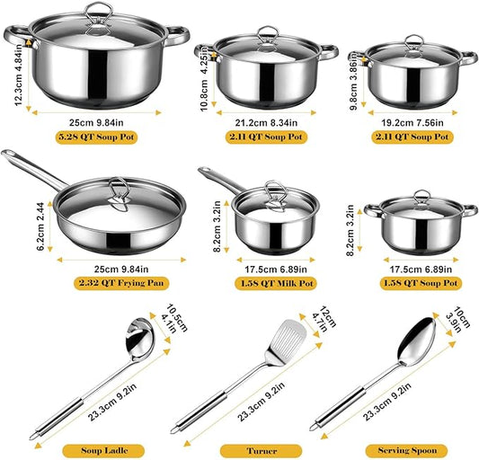 Cookware Set - 15 Piece Stainless Steel Cookware Set, Includes 6 Pots and Pans, 6 Lids and 3 Utensils, Fixed Handles, Induction Safe and Dishwasher Safe