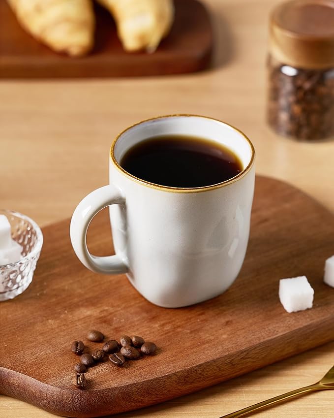 famiware Coffee Mugs Set of 4, Ocean Square 13oz Coffee Cup Set with Handle for Cocoa, Milk, Hot Chocolate, Stoneware Cups for Kitchen, Reactive Glaze, Microwave and Dishwasher Safe, Cappuccino White