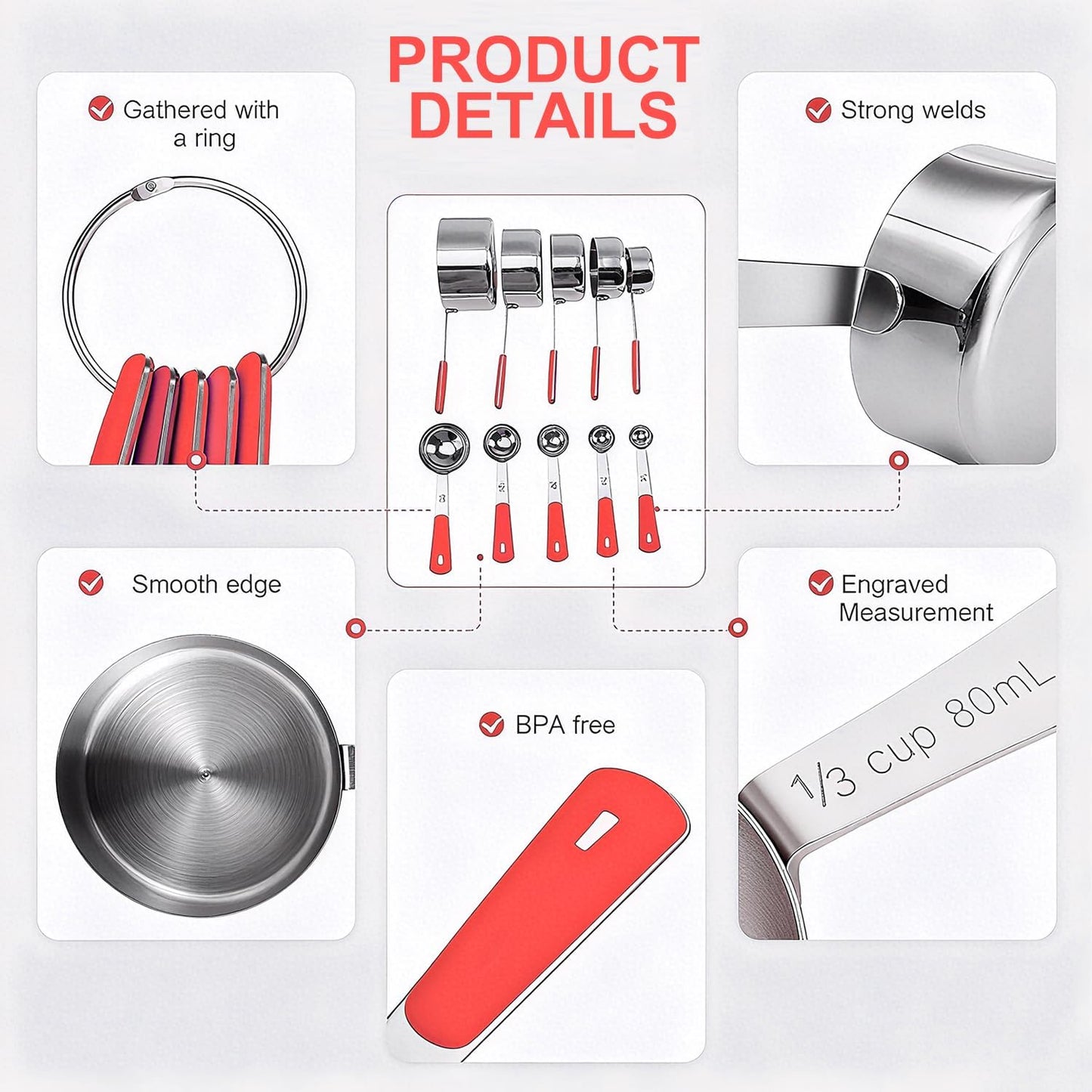 Measuring Cups and Spoons Set, Stainless Steel 10 Piece for Cooking and Baking (5 Cups + 5 Spoons, Red Handle)