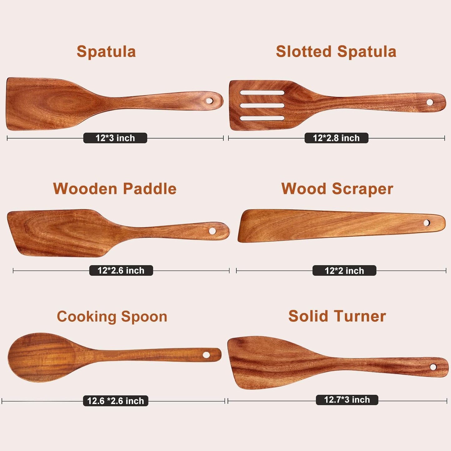 6 Pack Teak Wooden Spoons for Cooking Utensil Set Best Wood Non Toxic Spatula Slotted Turner Nonstick Bamboo Kitchen Utensils Serving Scraper Spurtle Stirrer Cooking Spoon Flat Egg Flipper Spatulas