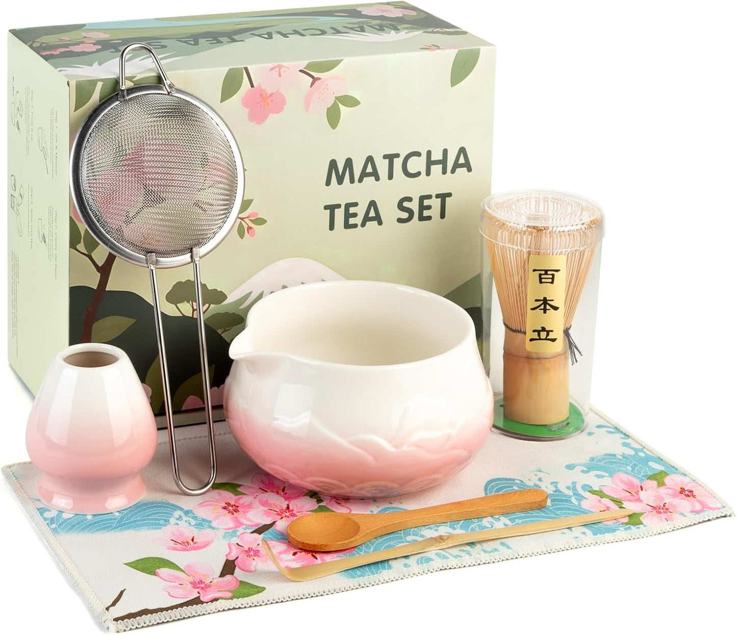 Matcha Whisk Set - Ceramic Matcha Set Includes Matcha Bowl, Whisk and Holder, Bamboo Scoop, Scoop Rest, Sifter and Tea Towel - 7 Pcs Ceremonial Gift Kit for Matcha Lovers (Gradient Pink)