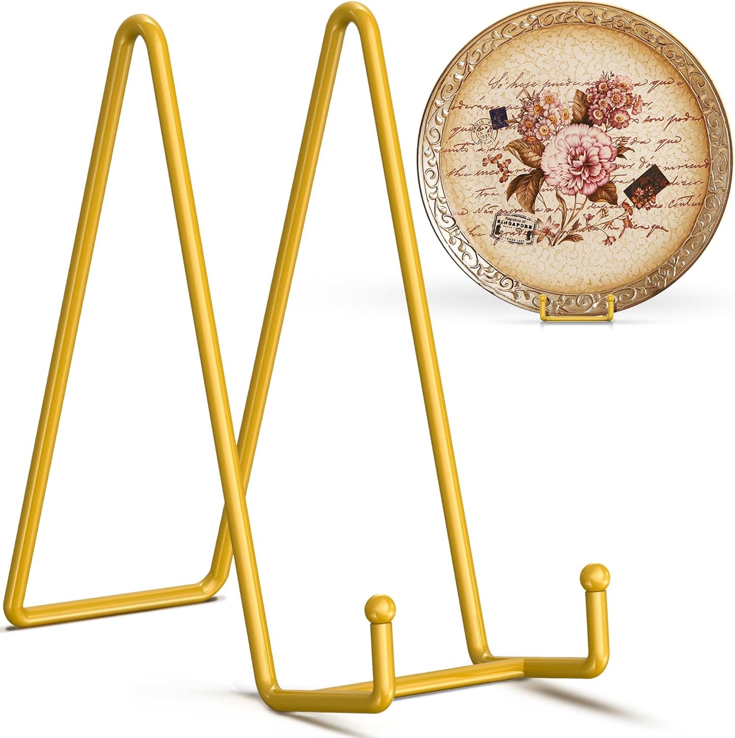TR-LIFE 4 Pack 10 Inch Large Plate Stands for Display - Gold, Metal Picture Frame Holder Stand + Small Easels for Decorative Plate, Platter, Book, Plaques, Photo, Tabletop Art