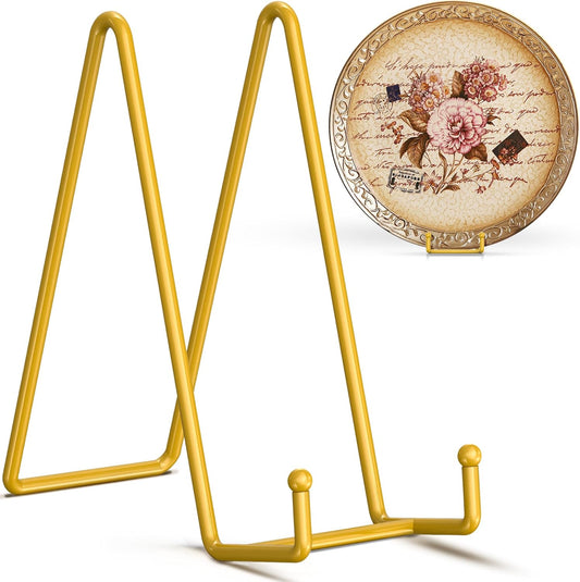 TR-LIFE 4 Pack 10 Inch Large Plate Stands for Display - Gold, Metal Picture Frame Holder Stand + Small Easels for Decorative Plate, Platter, Book, Plaques, Photo, Tabletop Art