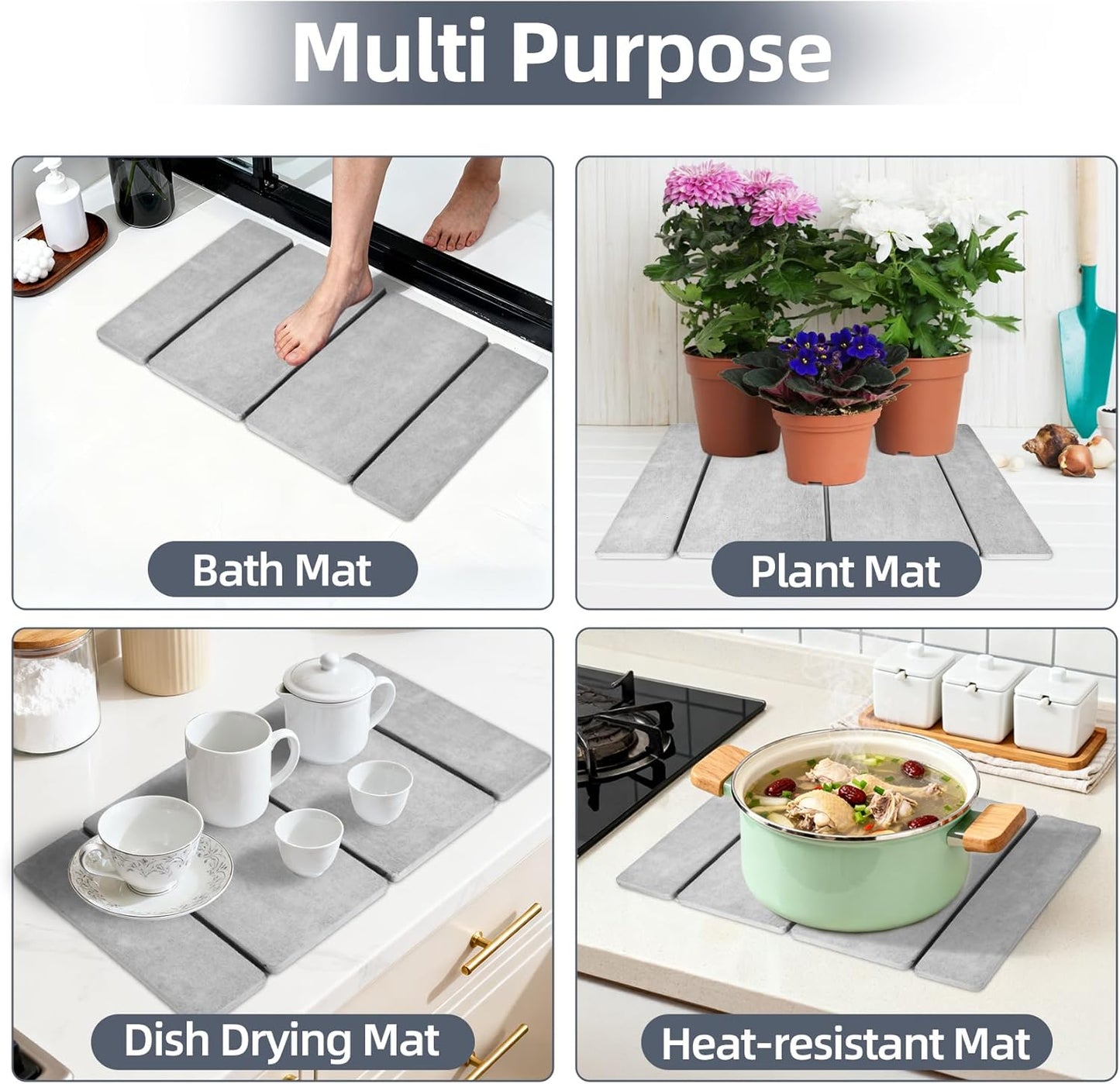 Stone Dish Drying Mat for Kitchen Counter，24x16 Collapsible Diatomaceous Earth Mats， Quick Drying Absorbent Dish Mat,Non-Slip Countertop & Bath Mat for Dishes Cups Bottles,Light Gray