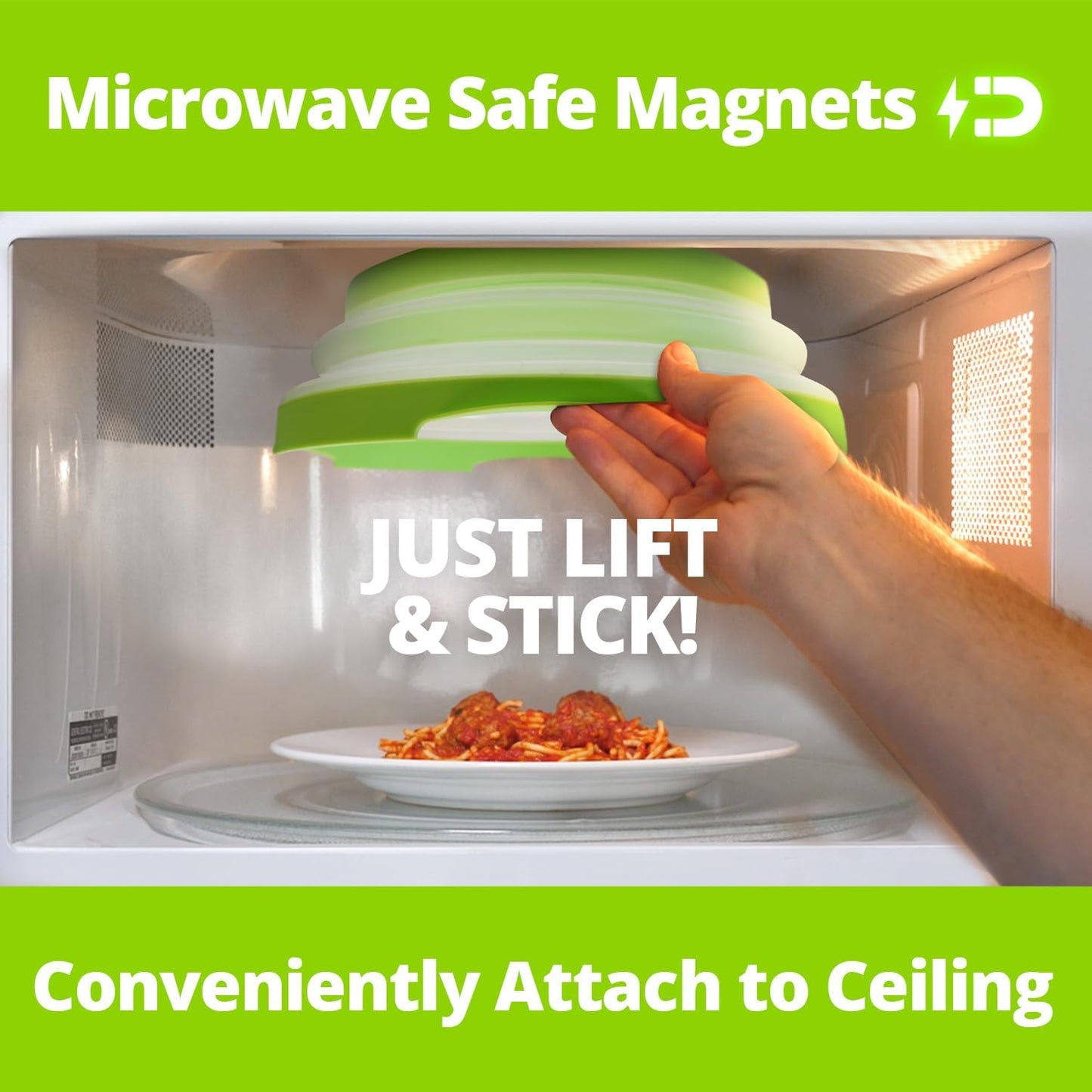 High Power Magnetic Microwave Splatter Cover with strongest magnetic grip, Collapsible 12-Inch BPA-Free Food Lid, Vented Plate Guard, Dishwasher Safe, Space-Saving Magnetic Storage - Green