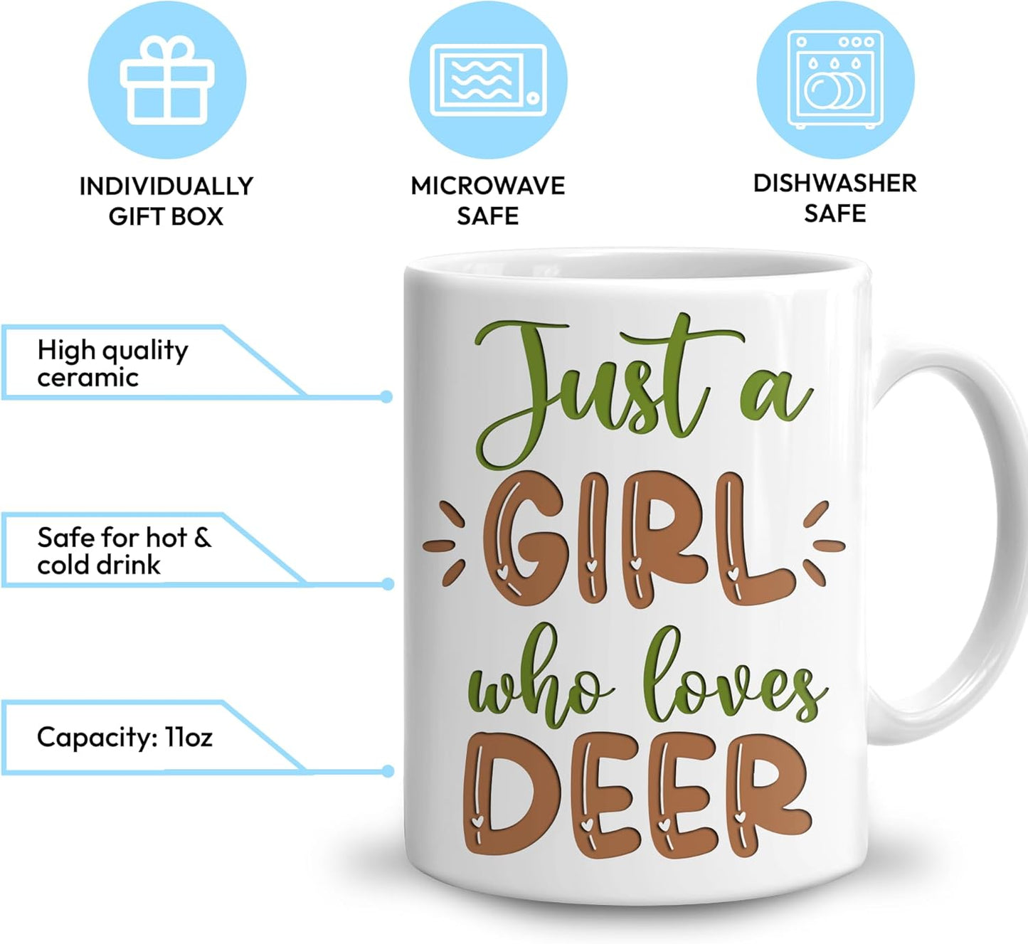 Hyturtle Personalized Gifts Deer Lover - Just A Girl Who Loves Deer Custom Name Ceramic Coffee Mug Cup 11oz - Idea Cute Animal Lover Gifts For Women, Girl Daughter On Birthday, Christmas