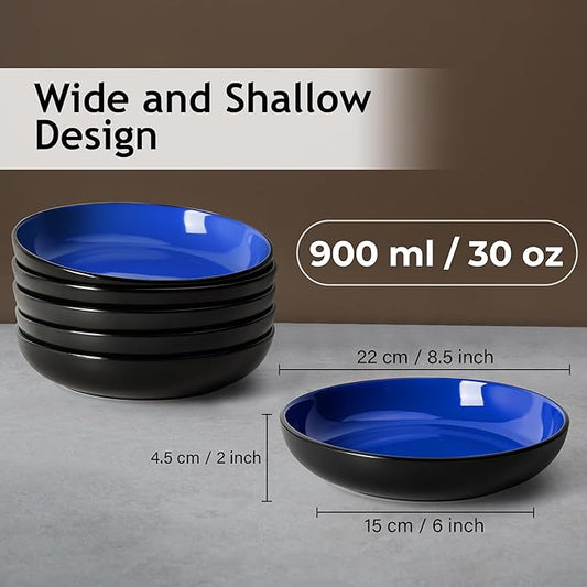 MIAMIO – 30 Oz / 8.6 Inch Set of 6 Pasta Bowls/Salad Bowls, Pasta Plates Wide and Shallow Bowl, Large Ceramic Stoneware Deep Plate Serving Soup - Le Papillon Collection (Blue)
