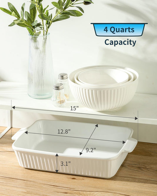 Casserole Dish for Oven, Ceramic Deep Lasagna Pan, 4 Quarts Baking Dish with Handles, 9 x 13 inches Baking Pan, Rectangular Oven Safe Pan, Porcelain Bakeware, White