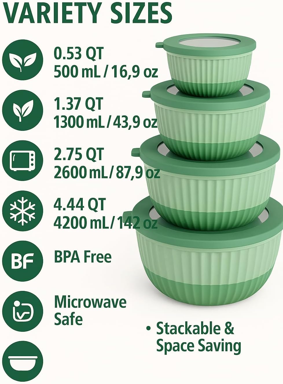 Mixing Bowl Set with Airtight Lids-8-Piece Nesting,Stackable, Leak-Proof Plastic Kitchen Bowls for Mixing&Food Prep-BPA-Free,Dishwasher,Microwave&Freezer Safe