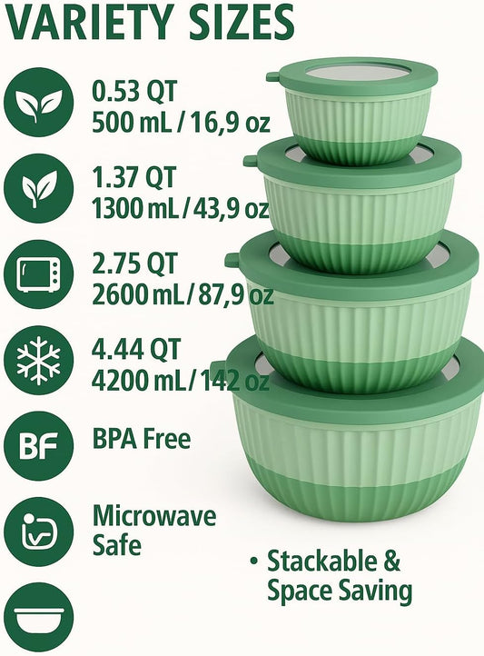 Mixing Bowl Set with Airtight Lids-8-Piece Nesting,Stackable, Leak-Proof Plastic Kitchen Bowls for Mixing&Food Prep-BPA-Free,Dishwasher,Microwave&Freezer Safe