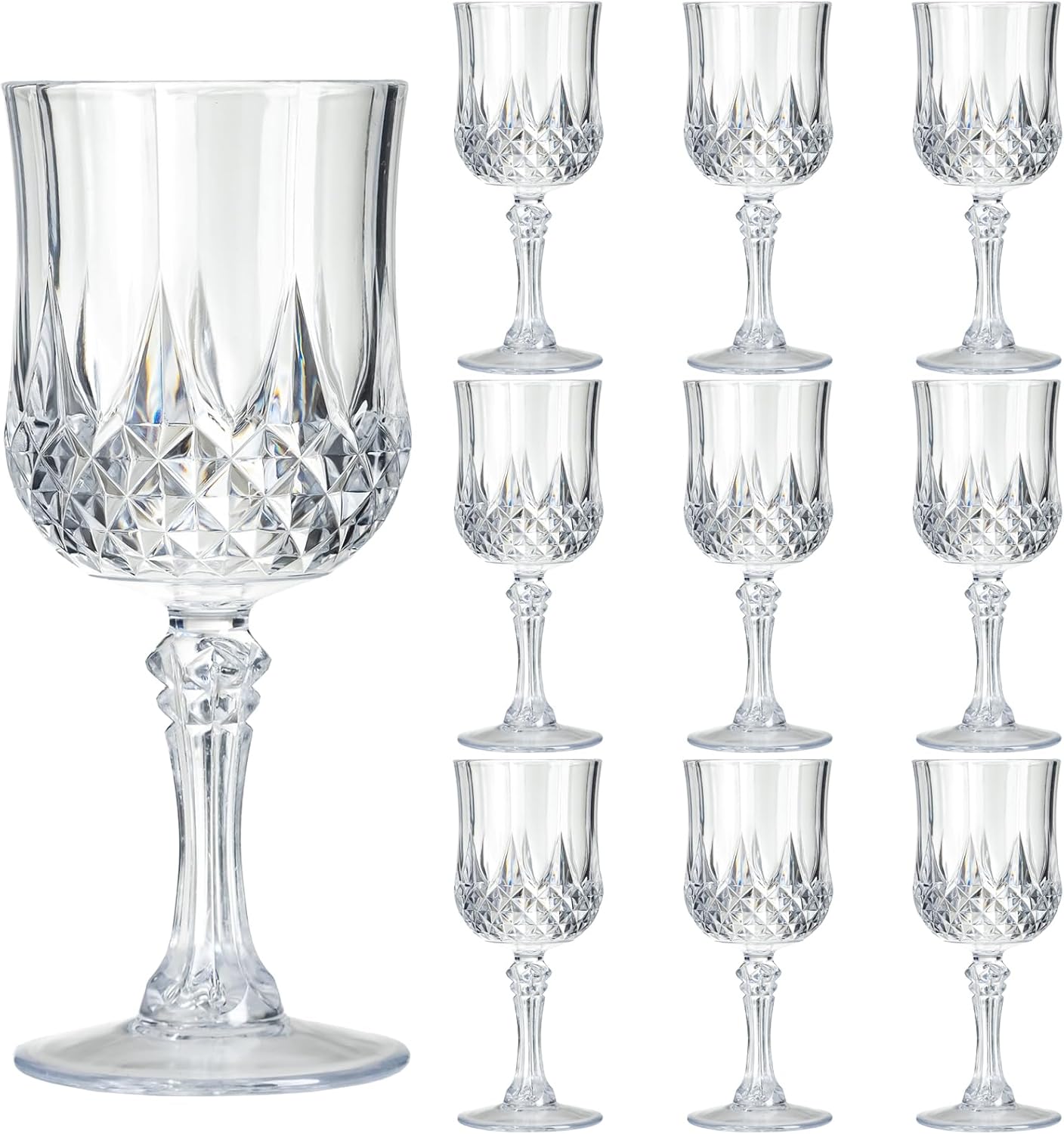 7OZ Plastic Wine Glasses, 10Pcs Clear Reusable Drinking Cups Vintage Champagne Flutes, Plastic Crystal Water Goblets for Parties Stemmed Shatterproof Drinking Glasses for Wedding, Toasting Party