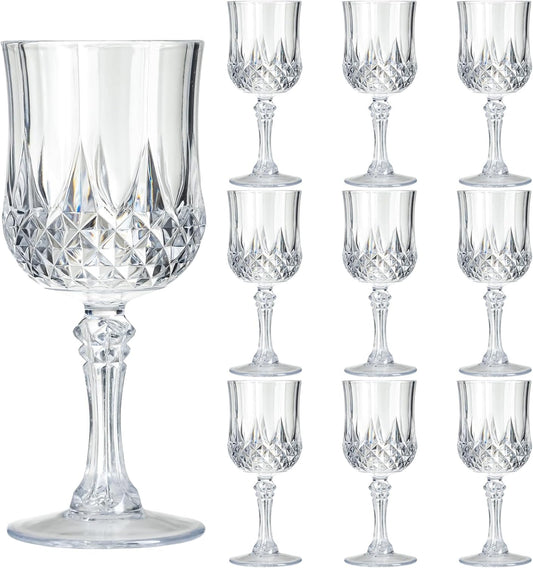 7OZ Plastic Wine Glasses, 10Pcs Clear Reusable Drinking Cups Vintage Champagne Flutes, Plastic Crystal Water Goblets for Parties Stemmed Shatterproof Drinking Glasses for Wedding, Toasting Party