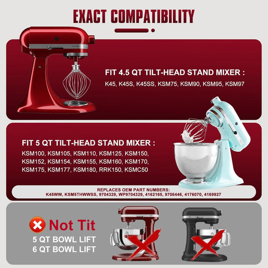 Whole Stainless Steel K45WW Whisk Attachment for KitchenAid 4.5-5 Tilt-Head Mixer, Dishwasher Safe Wire Whip for Kitchen Aid