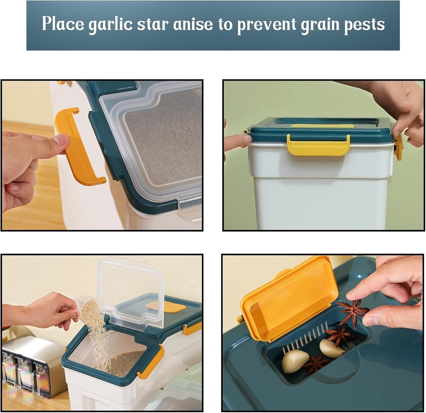 Large Flour Storage Container Bin 25lb,4 Pack Airtight Rice Storage Containers with Wheels Seal Locking Lid BPA Free with Measuring Cup,Scoop for Flour, Rice, Grain, Dry Food - Dark Blue