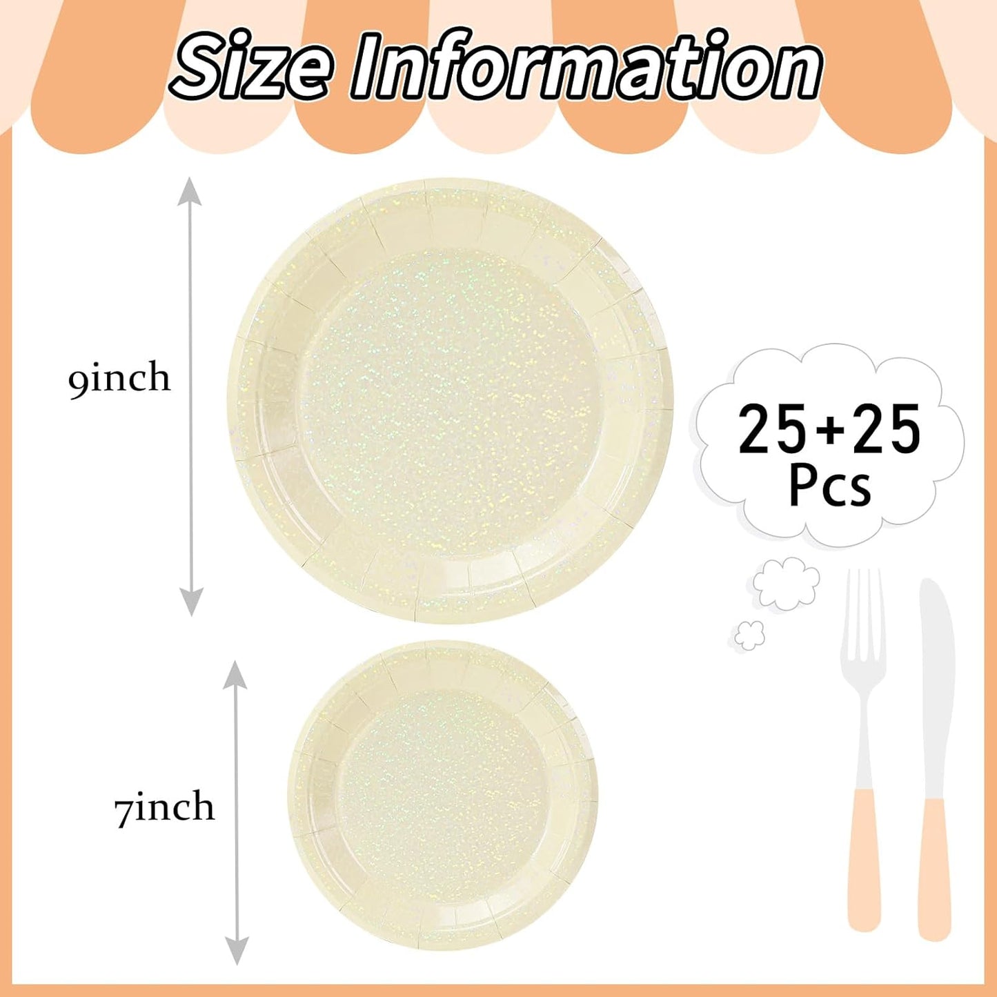 50 Pcs Iridescent Ivory Paper Plates 25 × 7'' and 25 × 9'' Disposable Ivory Shiny Holographic Foil Dinner Plates for Wedding Baby Shower Birthday Disco Party Glitter Dessert Plate