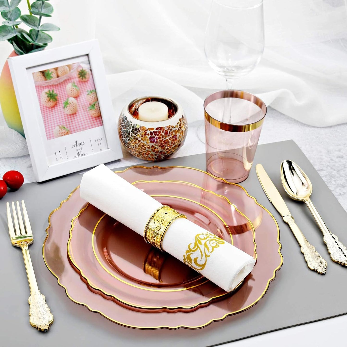 KIRE 210Pcs Clear Pink Plastic Plates with Gold Rim - Disposable Gold Silverware &Pink Cups&Hand Napkin - Plum Colored Plastic Dinnerware for Upscale Wedding