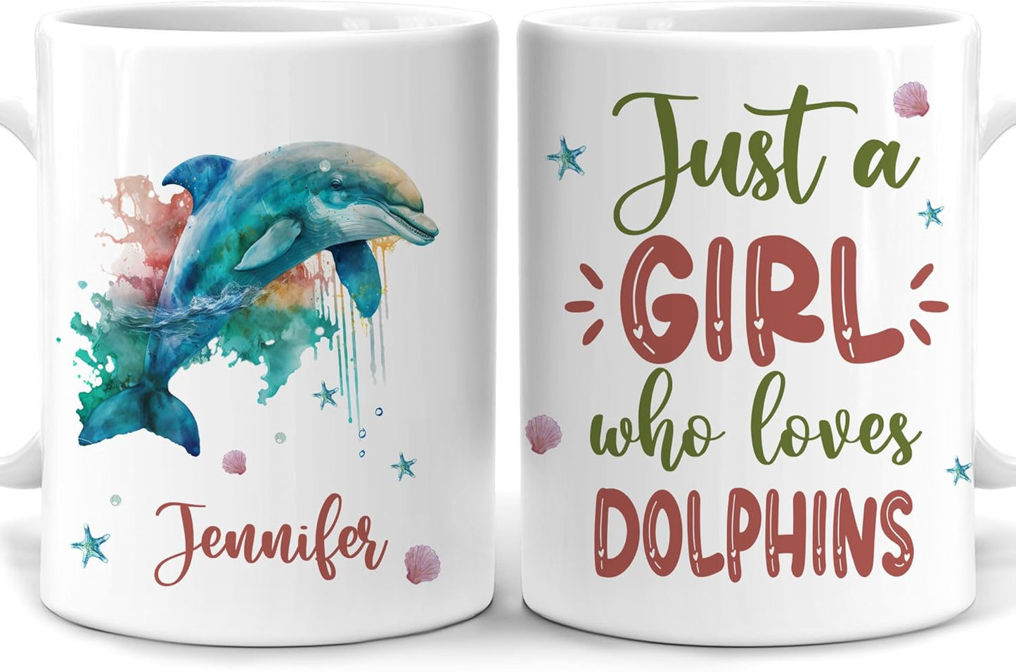 Hyturtle Personalized Gifts Dolphin Lover - Just A Girl Who Loves Dolphins Custom Name Ceramic Coffee Mug Cup 11oz - Idea Cute Sea Animal Lover Gifts For Women, Girl Daughter On Birthday, Christmas