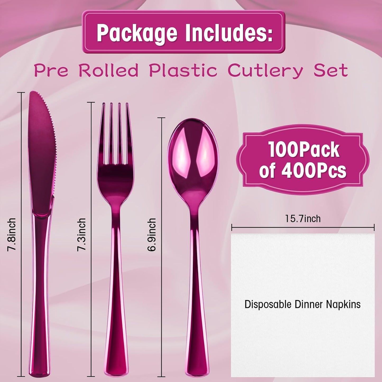 100Pack Pre Rolled Hot Pink Plastic Silverware - Wrapped Hot Pink Disposable Cutlery with Napkins, Pre Rolled Plastic Silverware Set, Disposable Christmas Silverware with Dinner Napkins for Party